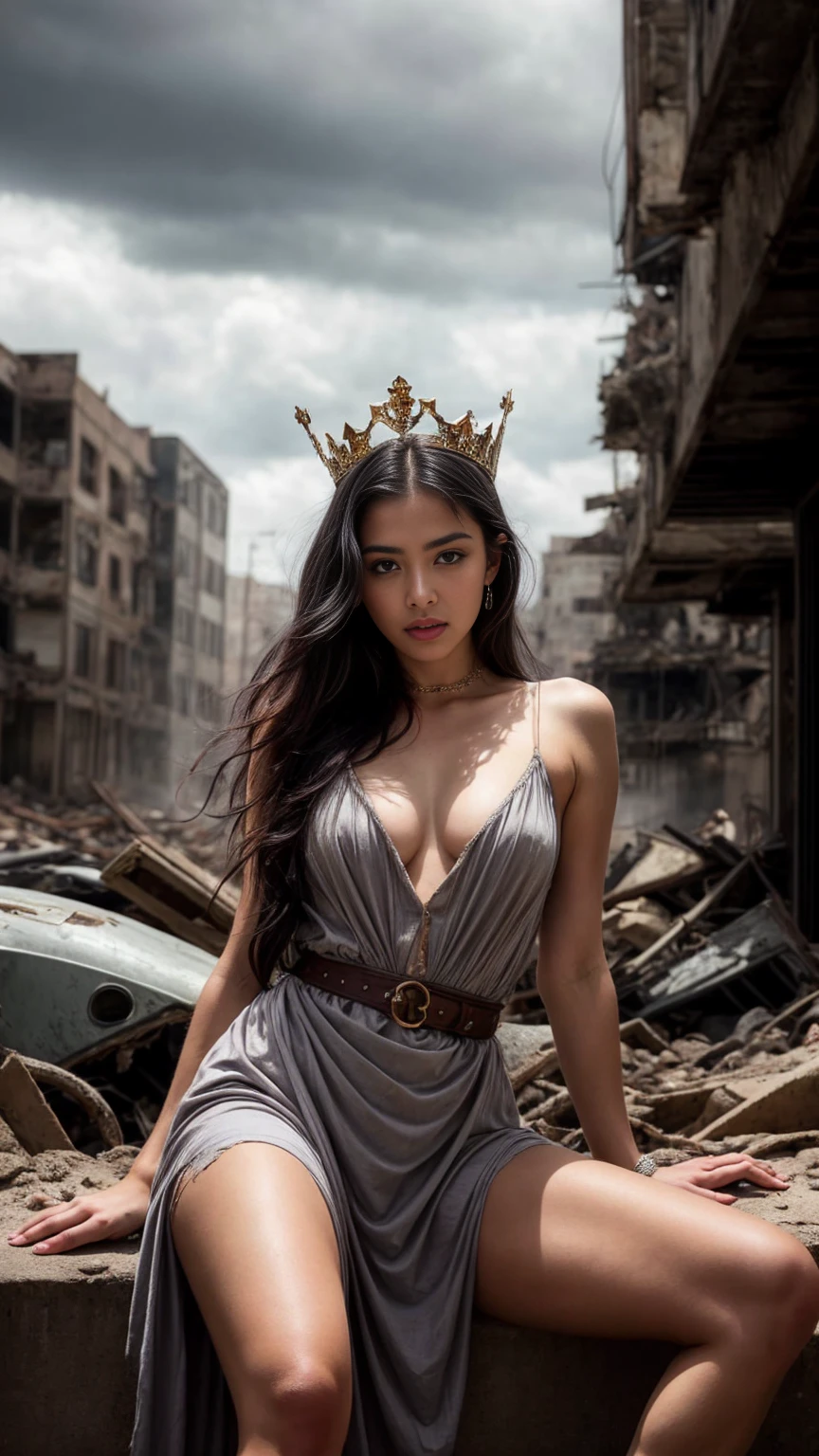 A beautiful European women, queen, sitting on a throne, wearing torn dress, long dress, bone crown, grey sky, Post-Apocalyptic city, lianas, thickets. She is 24 years old, has black hair, long hair, curly hair and black eyes. Her cloth is stylish and her overall appearance is stunning. The girl's face is extremely detailed with beautifully detailed lips. Her skin is anatomically correct with realistic textures. The image should have super high details and be of the best quality, with a resolution of 8K. The final result should be a masterpiece, showcasing the girl's beauty and the vibrant atmosphere of The destroyed Post-Apocalyptic city