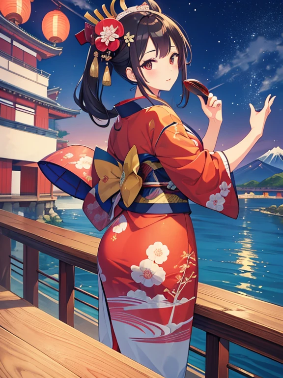 (Highest quality、masterpiece、High resolution、8K)、Colorful、Ukiyo-e、Utamaro、Kimono Beauty、Looking back、bridge、river、Mount Fuji in the distance、Official Art、