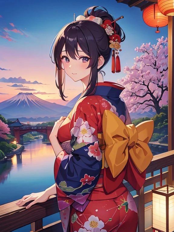 (Highest quality、masterpiece、High resolution、8K)、Colorful、Ukiyo-e、Utamaro、Kimono Beauty、Looking back、bridge、river、Mount Fuji in the distance、Official Art、