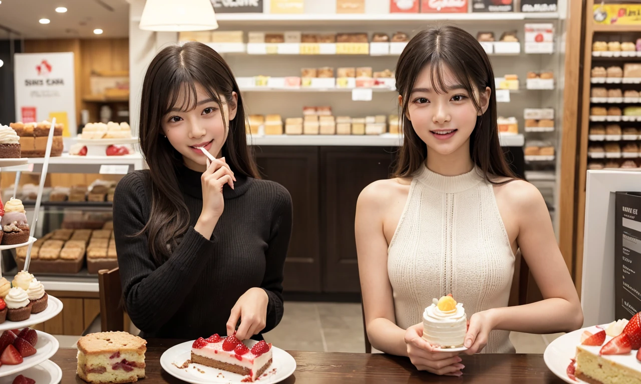Girl happily eating delicious cake in store