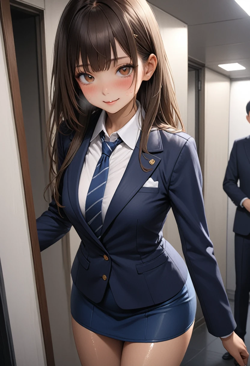 (masterpiece,Highest quality:1.3,best quality illustration,realistic),cowboy shot,1woman,20 year old Japanese beauty,(very small head:1.3),Long brown hair,bangs,brown eyes,gorgeous eyes,blush,smile,small breasts,(very long bod:1.3),(toned body,slender body,skinny,tan skin),(Navy uniform navy blue blazer jacket、White Shirt、Navy blue tie、Navy blue tight mini skirt),gleaming skin,shiny skin,sweat,standing,Naval Base、Tokyo、