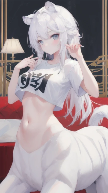 (best quality, masterpiece), 1 girl, centaur, It takes, White skin, Korean  , exposing the abdomen,belly button t-shirt, 아름다운 소녀 perfect white tiger photo, perfect white tiger photo