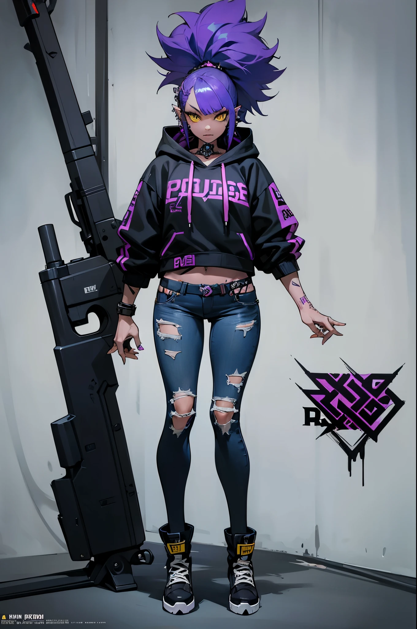 The most beautiful and sexy punk rock girl, black Afro, black and purple, blue hair, yellow eyes, dark skin, (full body concept), wearing a hoodie, Graphic design jacket and torn skinny jeans, tons of tattoos and piercings, Perfect masterpiece, high quality, High resolution, big