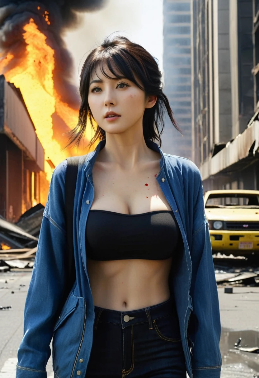 ((1 GIRL)) ((Hyper realistic 10k,asian girl)), ((Japanese)) (( physically mature female)) (( average sized breasts)), 25-year-old, ((super realistic anime girl)), ((short dark-haired)), ((windswept hair)) ((ultra high quality))((flawless))((4k UHD)) ((Best Quality)) ((Daytime)) ((eyes glowing yellow )), wearing a ((black long sleeve shoulderless, blank T-shirt))((no logo)) wearing ((blue jeans)) and black and yellow sneakers with (((blood splattered))) on it and her face, standing in the street ((facing front and center toward the camera)) in a ((ruined city)) filled with ((heavily damaged)) and worn (( tall skyscrapers with gaping holes in their structures while on fire)) and ((crushed vehicles on fire)) and small and ((raging fires all around)) and an ((intimidating)) look on her face, with a giant monster kaiju-beast in the distance looking furocious.