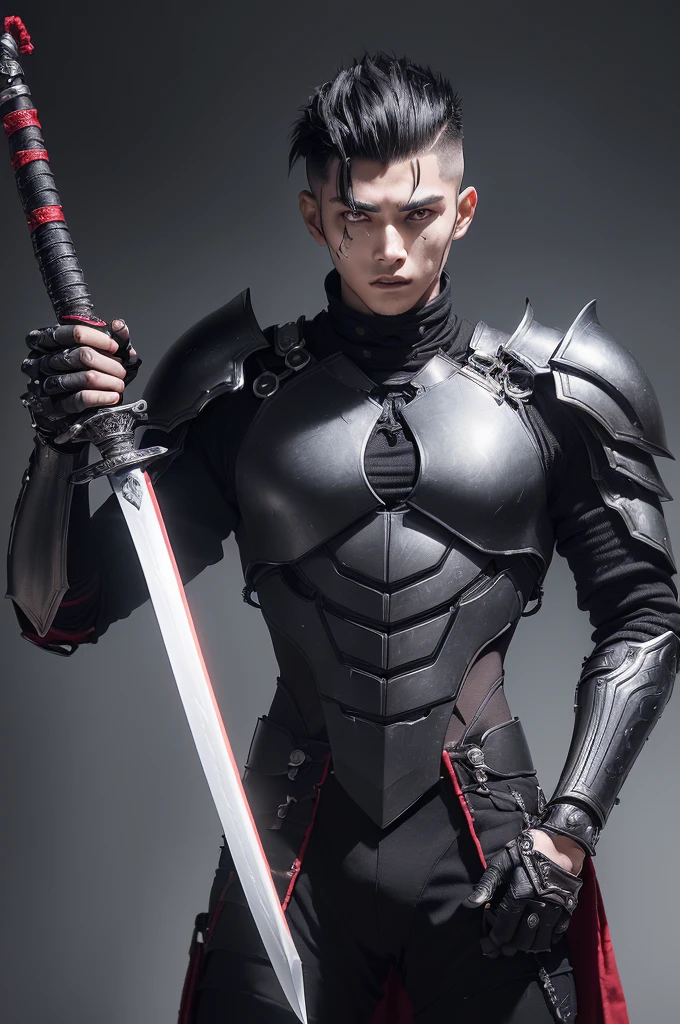 ( ( A 20 year old young man, son of the demon king, metade humano, successor to the throne) ) ( ( Wears black technological armor, carries with him a Japanese sword, wears a high-tech silver prosthesis on his right arm ) ) ( ( face detailed, scar on left eye, red right eye, Caucasian skin, black undercut hair ) )
