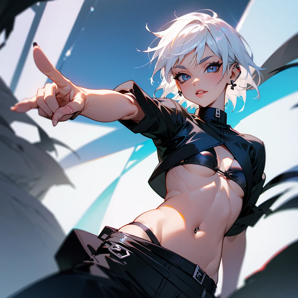 Black bikini, pants, short white hair, pointing pose, lip piercing