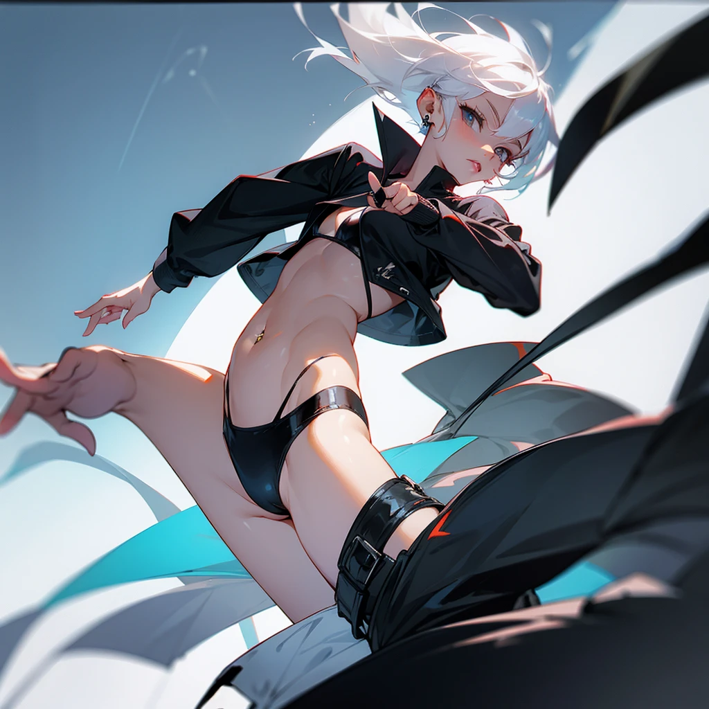 Black bikini, pants, short white hair, pointing pose, lip piercing