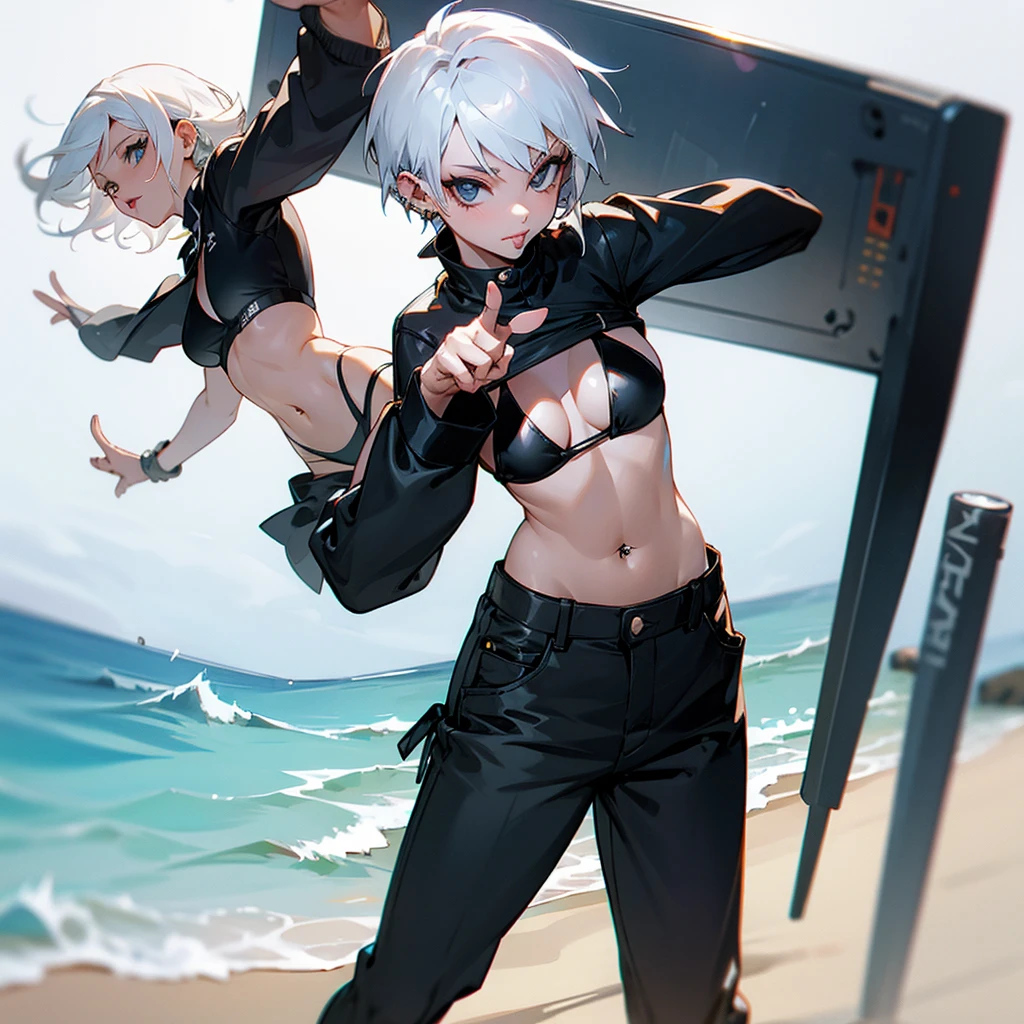 Black bikini, pants, short white hair, pointing pose, lip piercing