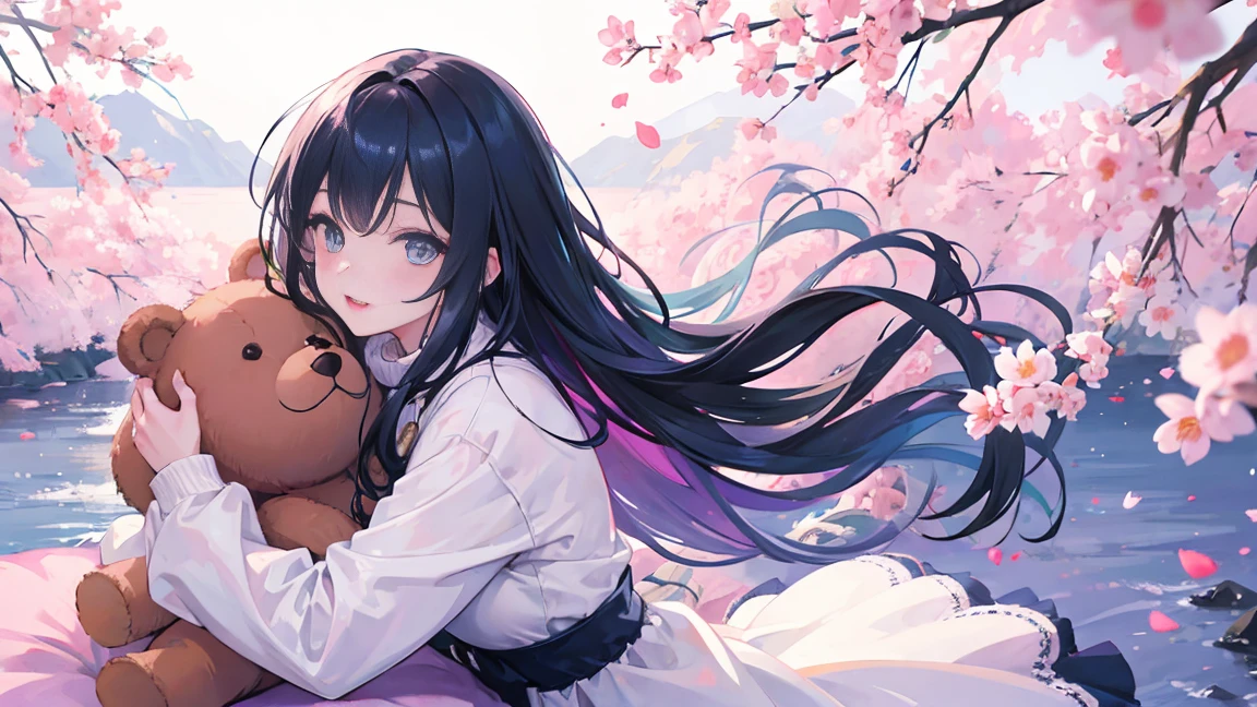 A girl walking along the river, Mix 4, sweater, pillow, lips, Open_mouth, Realistic, photograph_(Moderate), alone, Packed_animal, Packed_toy, Teddy_bear,(masterpiece),(photographRealistic:1.3), Super detailed, (Skin with attention to detail:1.2),(Highest quality:1.0), (Ultra-high resolution:1.0), (Urzan-6500:0.3), Wavy fine hair, Long Hair, sunlight, (Beautiful and detailed makeup), (Sexually excited、Blushing、breathing becomes rough:1.0), Flower Theme Petals Scattered, (Flowers with a soft glow:0.5)