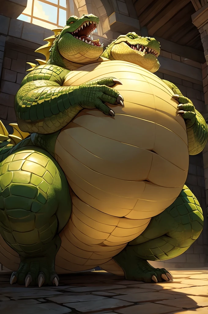 Very Obese green Dragon、, yellow and green crocodile-like scales、Composition looking up from diagonally below abormally obese abdomen、A fat underbelly that spreads to the ground、Abnormally obese abdomen、Very obese face、Abnormally fatty neck、A belly as swollen as a mountain、toothy grin, A body that fills the screen、Background of a castle throne room, view from below 