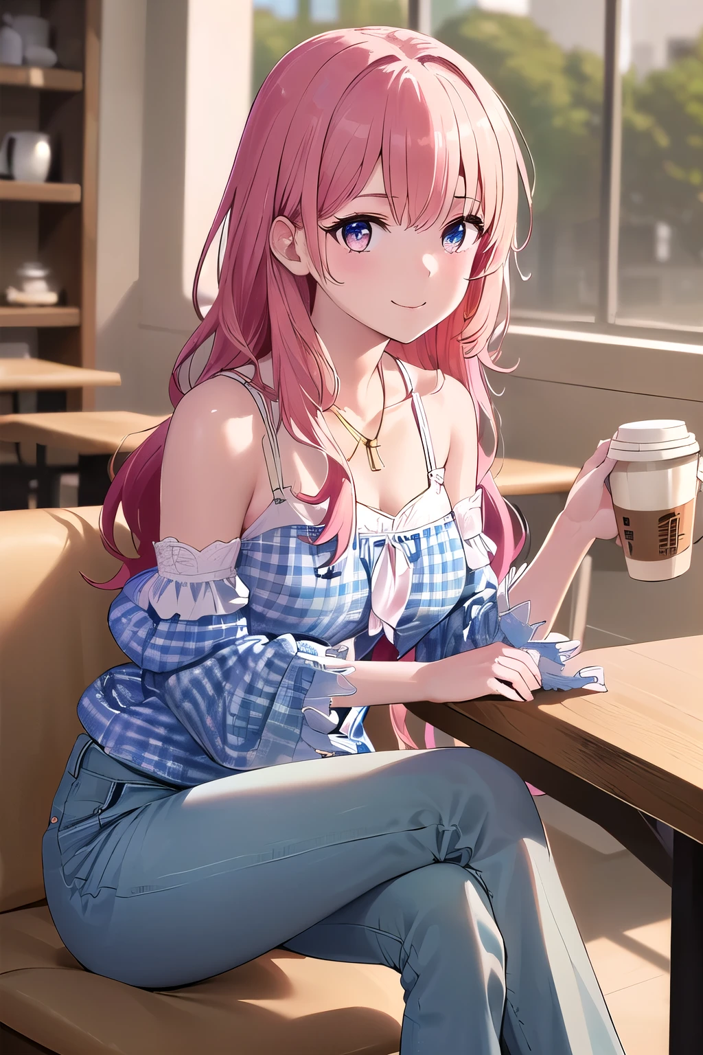 (8K, top-quality, masterpiece:1.2), (reallistic, Photorealsitic:1.37), Super Detail, One girl,), (Highly detailed), (beautifully detailed eyes), (of the highest quality), (super detailed ), (masterpiece), (Detailed face),20yr old, ,1 girl, ((pink hair,long hair)), medium breasts, clothed, Perfect Lighting, BREAK, (light pastel colours:1.2), (soft, natural textures:1.2), (denim jacket:1.3), (cropped:1.3), (frayed edges:1.3), (white camisole:1.3), (light blue gingham blouse:1.4), (puffed sleeves:1.4), (tie waist:1.4), (high-waisted trousers:1.4), (wide-leg:1.4), (paperbag waist:1.4), (light pink:1.4), (cropped length:1.4), (gold accessories:1.3), (simple necklace:1.3), (strappy sandals:1.3), BRAKE, (upper body and thighs:1.2), (soft waves:1.2), (long pink hair:1.2), (gentle smile:1.3), (face turned left:1.3), (leaning forward:1.3), (holding coffee:1.3), (crossed legs:1.3), (cosy cafe:1.3), (dim lighting:1.3), (warm tones:1.3), BRAKE


