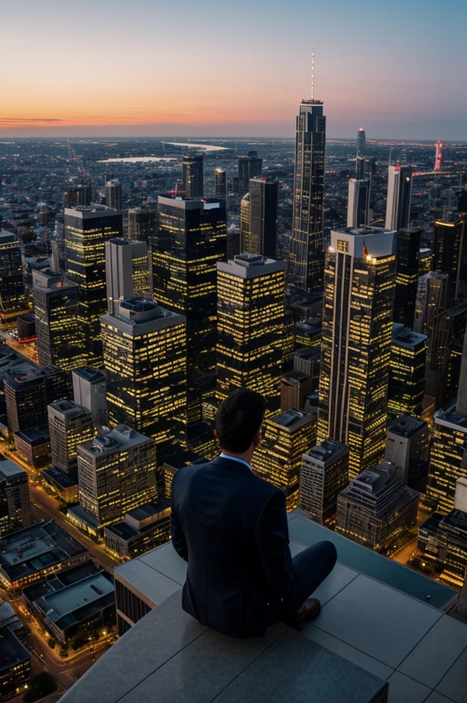 A man sitting on a very tall building with his back turned as dusk falls