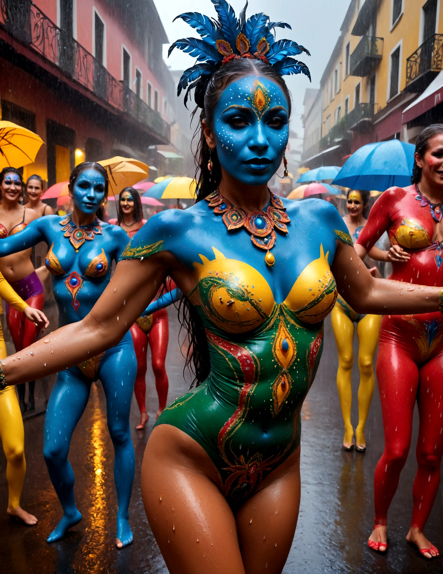 Carnivale, a party of people in body paint costumes dance in the street, a heavy rain has hit, they dancers continue without stopping. Festive, colorful, joy