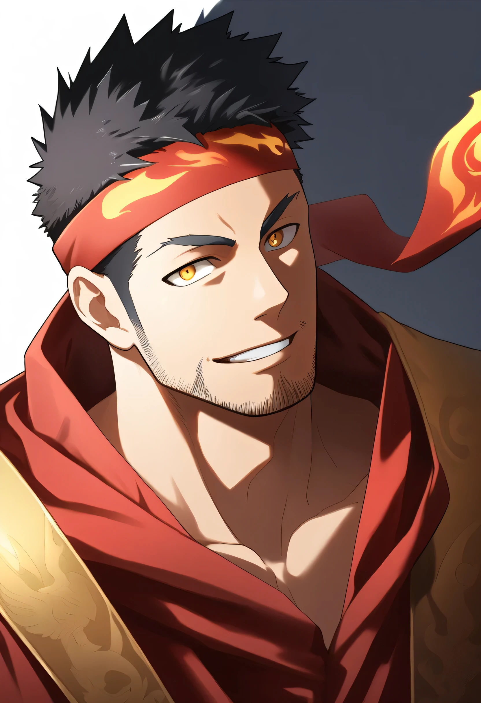 anime characters：Gyee, priapus, 1 muscular man god, Flame tattoo, sports Red headband, Priestly robes, muscular male, muscular, only, Upper body, alone, Black short hair, Thick eyebrows, stubble, Yellow eyes, White background, simple background, amazing quality, best aesthetics, Ridiculous, bright pupils, crew cut, naughty face, torogao, parted lips, god rays, chiaroscuro, drop shadow, best quality