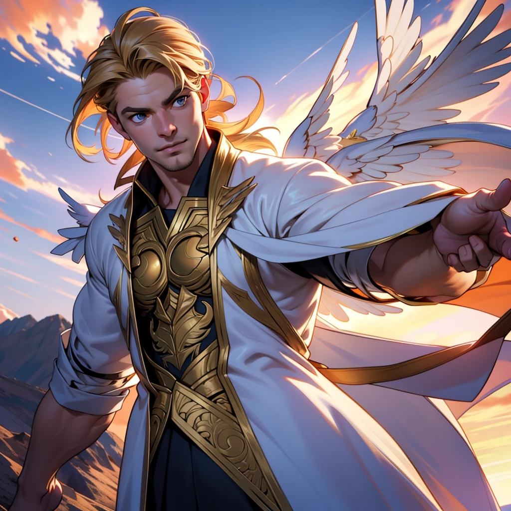 32k, masterpiece, best quality, detailed face, natural eyes, 1man, solo mature man, muscled and mature, stephen amell as an angel, wearing a see thru transparent robe with golden embroidery, wearing a doubled 2 large angel's wings, showing muscles, floating and flying in the sky with clouds like an angel, full body view , intricate detailed background at sunset, cinematic lighting, dramatic, studio lighting, hyper detailed