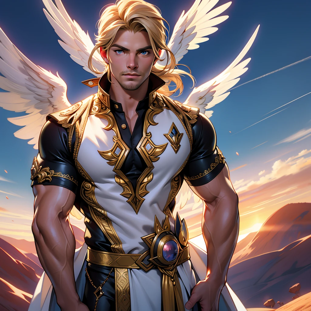32k, masterpiece, best quality, detailed face, natural eyes, 1man, solo mature man, muscled and mature, stephen amell as an angel, wearing a see thru transparent robe with golden embroidery, wearing a doubled 2 large angel's wings, showing muscles, floating and flying in the sky with clouds like an angel, full body view , intricate detailed background at sunset, cinematic lighting, dramatic, studio lighting, hyper detailed