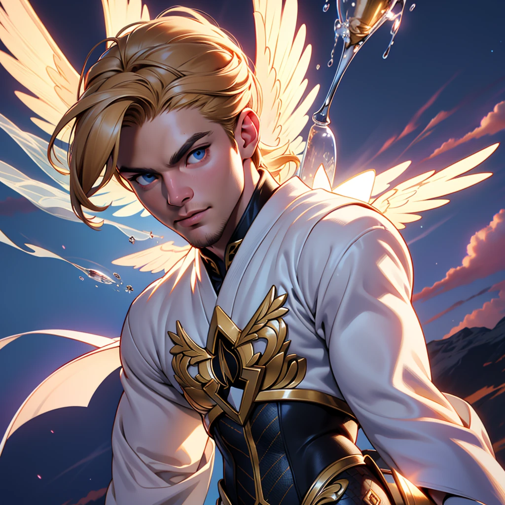 32k, masterpiece, best quality, detailed face, natural eyes, 1man, solo mature man, muscled and mature, stephen amell as an angel, wearing a see thru transparent robe with golden embroidery, wearing a doubled 2 large angel's wings, showing muscles, floating and flying in the sky with clouds like an angel, full body view , intricate detailed background at sunset, cinematic lighting, dramatic, studio lighting, hyper detailed