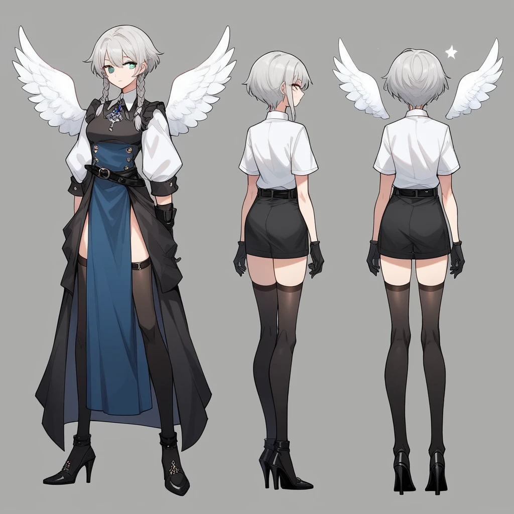 short gray hair,   slim build，short shoulder length hair，small face， short height of 165cm，adorable，The legs are very thin.，The best quality at the best，Exquisite and epic character art., Amazing modern character trending theme.，character design（reference sheet：1.5），she wears black knee-high stockings，She wears black stiletto heels, she wears a low-waisted one-piece dress, He wears black gloves up to his wrists., Women, He has one gray eye and one light blue eye., He wears a French beret with an angel wings emblem, Her hair is braided on the left side., She has a star-shaped barrette on the left side of her hair., has sectoral heterochromia, He wears a black belt at hip height..