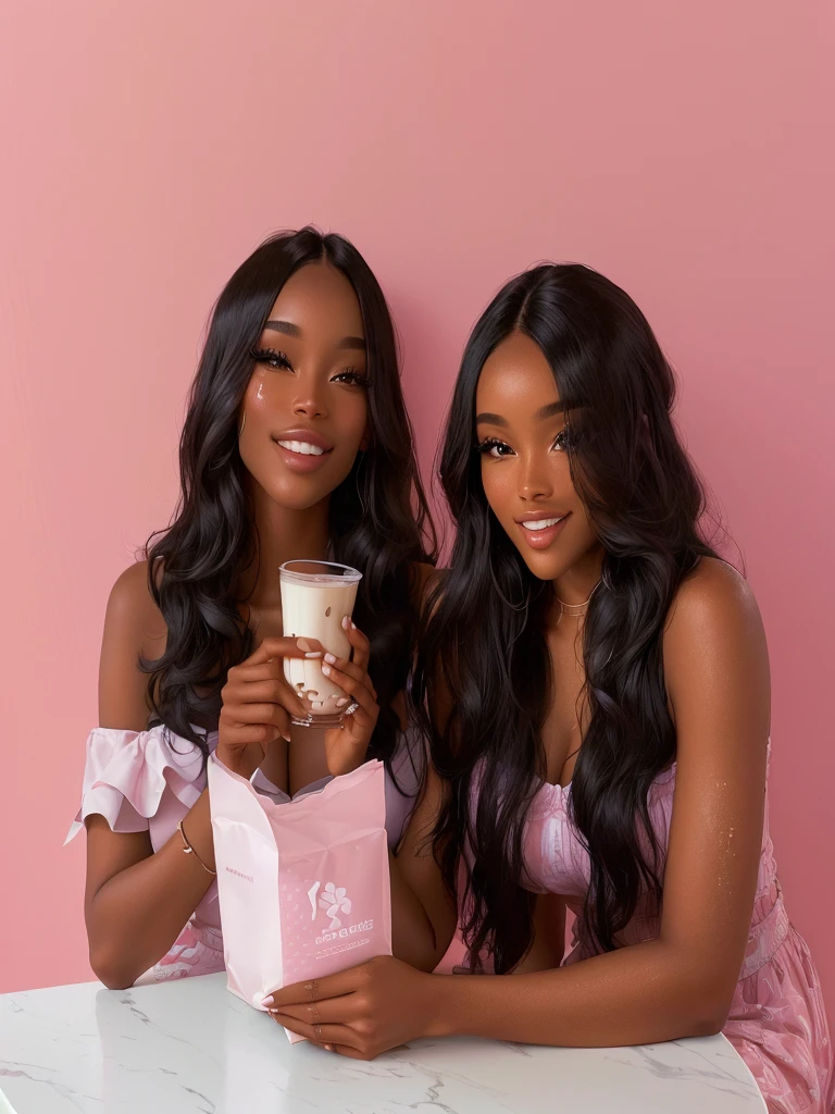 two women sitting at a table with a cup of coffee, photoshoot for skincare brand, product introduction photo, official product photo, full image, drink milkshakes together, product introduction photos, smooth in _ the background, two models in the frame, high resolution product photo, mid portrait, in the background, bottom angle, mid shot portrait, product shoot, portrait shot