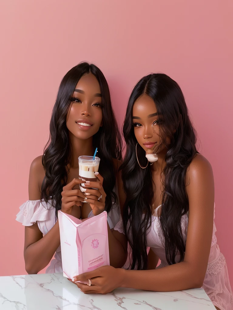 two women sitting at a table with a cup of coffee, photoshoot for skincare brand, product introduction photo, official product photo, full image, drink milkshakes together, product introduction photos, smooth in _ the background, two models in the frame, high resolution product photo, mid portrait, in the background, bottom angle, mid shot portrait, product shoot, portrait shot