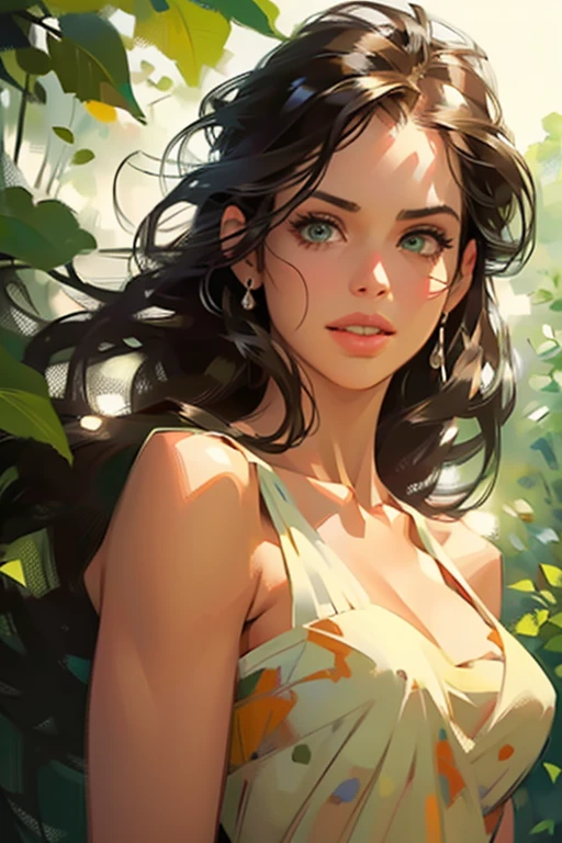 ((close-up of woman's face:1.4)),(rule of thirds:1.4),((hyper-realistic illustration:1.4)) Beautiful 20 yo Mediterranean woman, beautiful athletic figure, shapely toned legs, perfect round ass, natural perky breasts,(abs), ((long dark hair)), green eyes. (joy:1.4), sweet smile, mascara, dress, high heels. Masterpiece, best quality,(highly detailed:1.2),(detailed face and eyes:1.2), depth of field, 8k wallpaper, natural lighting, core shadows, high contrast, bokeh.