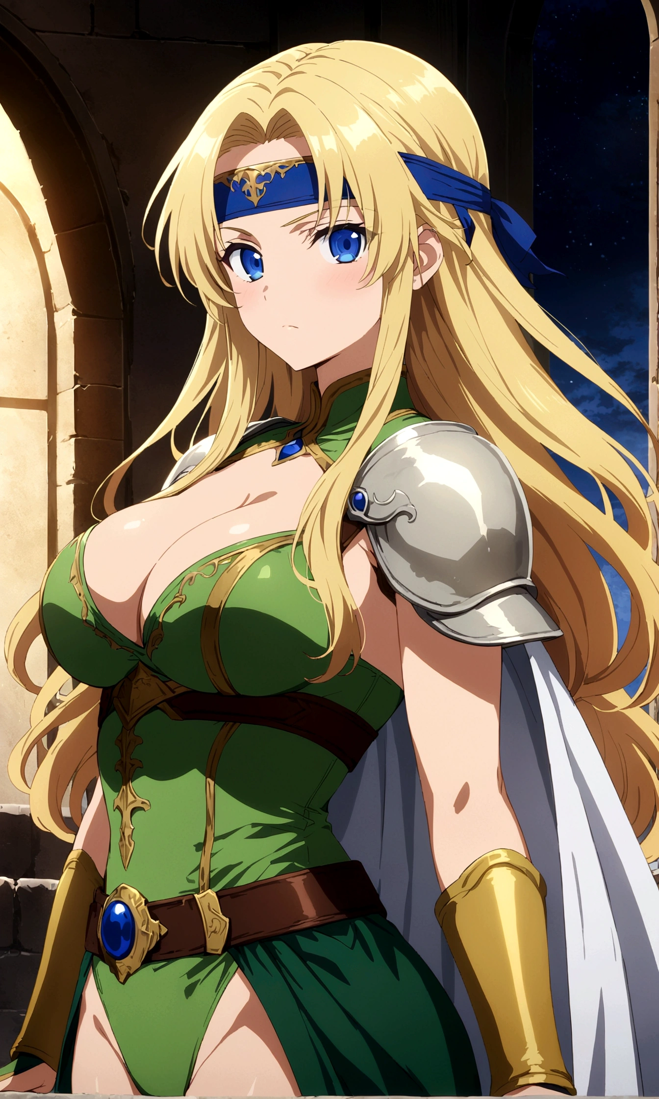 score_9, score_8_up, score_7_up,,BREAK source_anime, from side,front view,standing,,medium shot,looking_at_viewer,1girl, celes chere, final fantasy.blonde hair, blue eyes, green leotard, headband,  large breasts,cleavage, pauldrons, circlet, bridal gauntlets, belt, white cape, vambraces,bracer,  very long hair, bangs, closed mouth,.tundere,, (best quality),(aesthetic,very aesthetic),masterpiece, highres, (anime screenshot:0.5),,