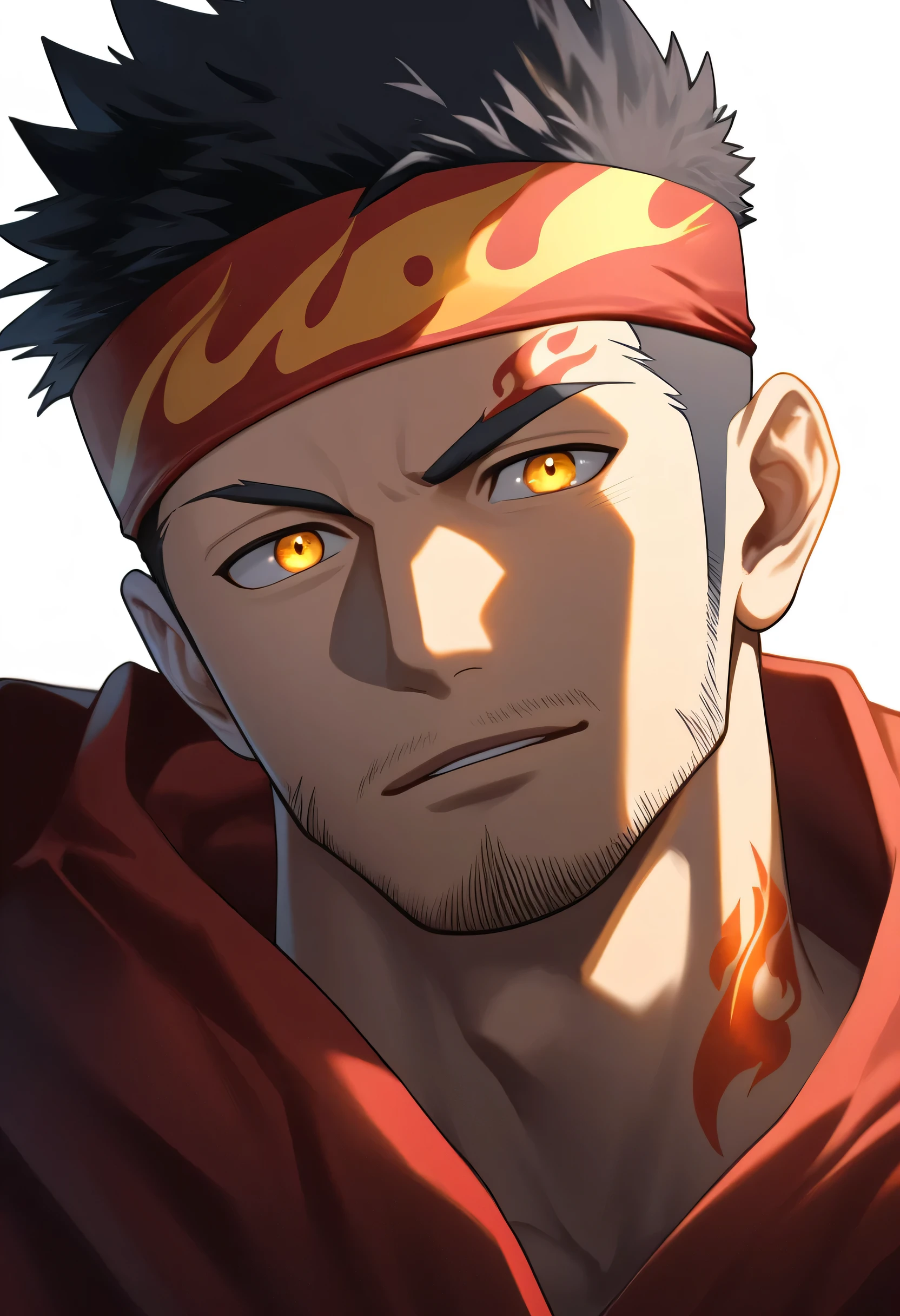 anime characters:Gyee, priapus, 1 muscular man god, Flame tattoo, sports Red headband, Priestly robes, muscular male, muscular, only, Upper body, alone, Black short hair, Thick eyebrows, stubble, Yellow eyes, White background, simple background, amazing quality, best aesthetics, Ridiculous, bright pupils, crew cut, naughty face, torogao, parted lips, god rays, chiaroscuro, drop shadow, best quality
