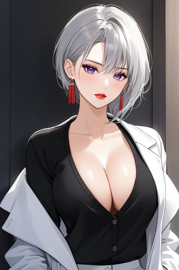 One woman ,wolf cut hairstyle ,red lipstick,sharp jawline,face makeup,mole under right eye, hoops earrings, perfect mature body,cleavage,full sleeve Black sweater,white jacket ,pants,grey hair, purple eyes