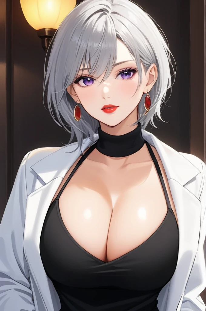 One woman ,wolf cut hairstyle ,red lipstick,sharp jawline,face makeup,mole under right eye, hoops earrings, perfect mature body,cleavage,full sleeve Black sweater,white jacket ,pants,grey hair, purple eyes