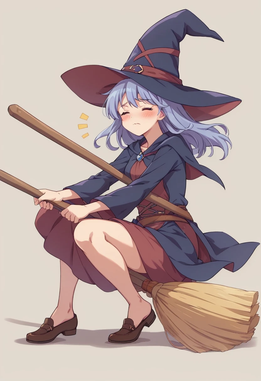 ((((空を飛ぶwitch))),((Ride a broom)),(Straddling a broom),Fantasy,Beautiful light and shadow,Anatomically correct,masterpiece,Highest quality,最高masterpiece,8K,Use of magic,witch:witchの帽子:witchの衣装:Familiar,Wind,Fantasy,wonderful,An illustration,Digital Art,wonderful,wonderful,カラーAn illustration,Rich colors,(Blushing),(Eyes closed),(Mouth closed),(Holding the end of the broom tightly with both hands),(slightly squatting),(Both feet are on the ground),(Both feet are wearing shoes),（ One broom handle、The broom handle is connected）,(The tips of the broom face backwards)