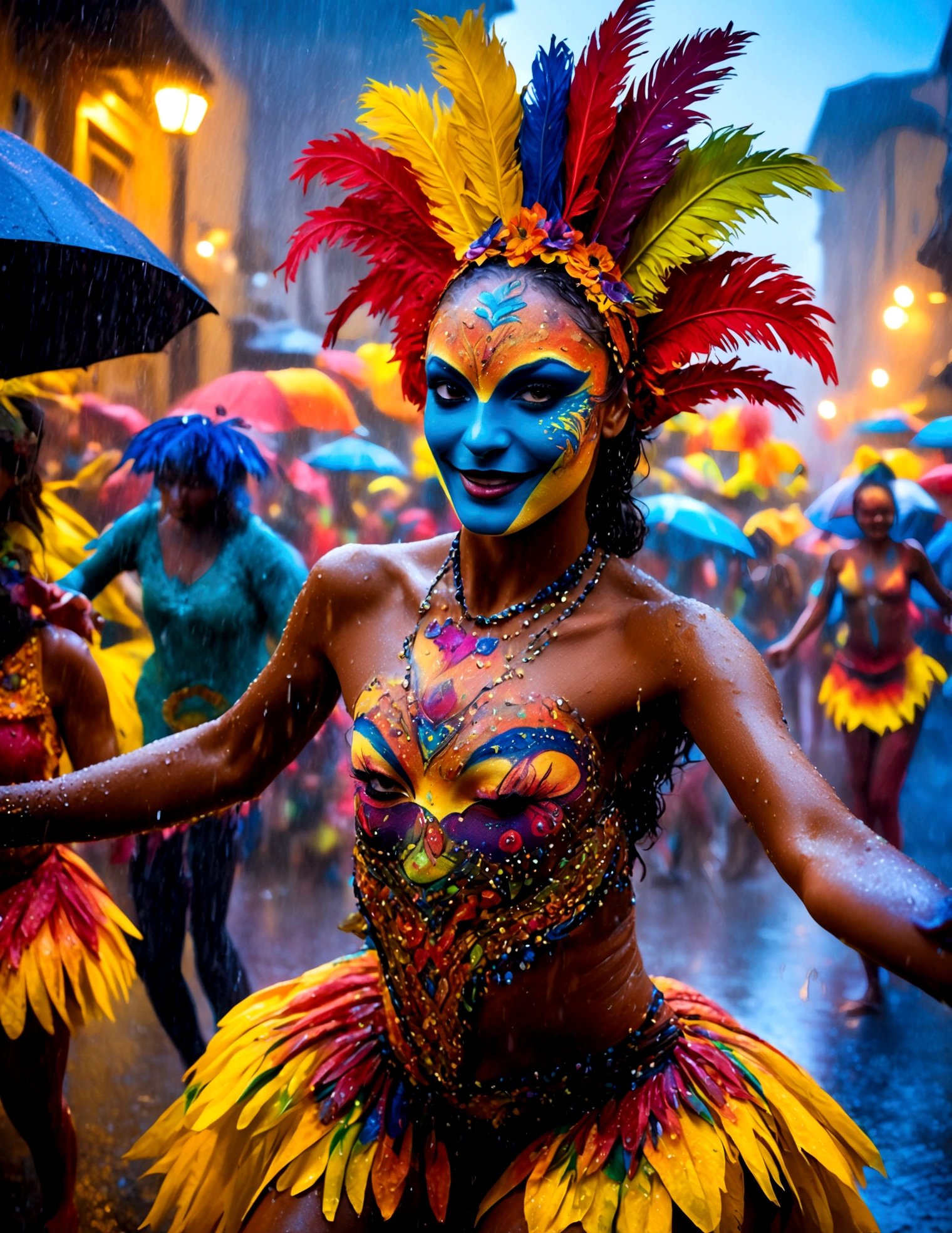 Carnivale, a party of people in body paint costumes dance in the street, a heavy rain has hit, they dancers continue without stopping. Festive, colorful, joy