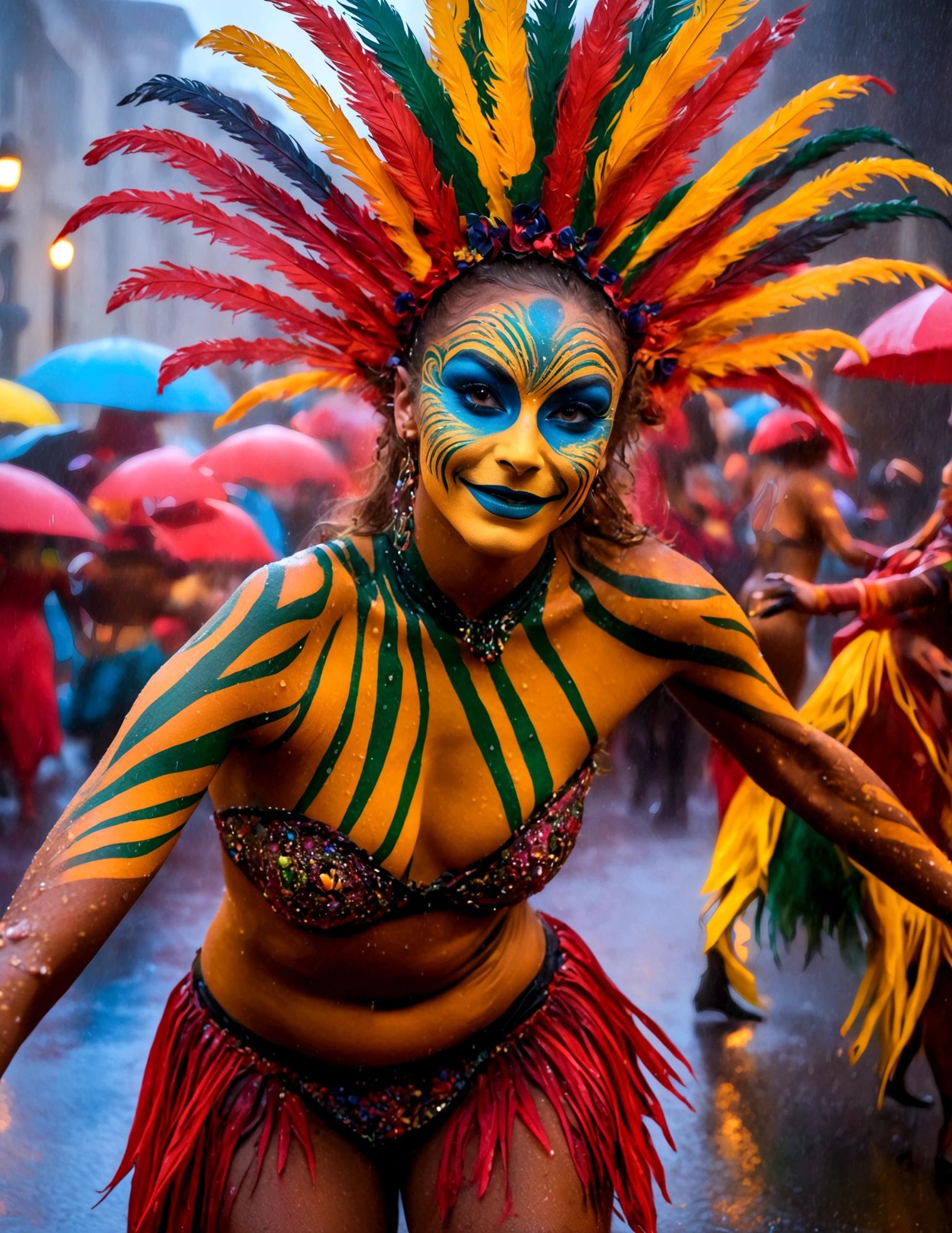Carnivale, a party of people in body paint costumes dance in the street, a heavy rain has hit, they dancers continue without stopping. Festive, colorful, joy