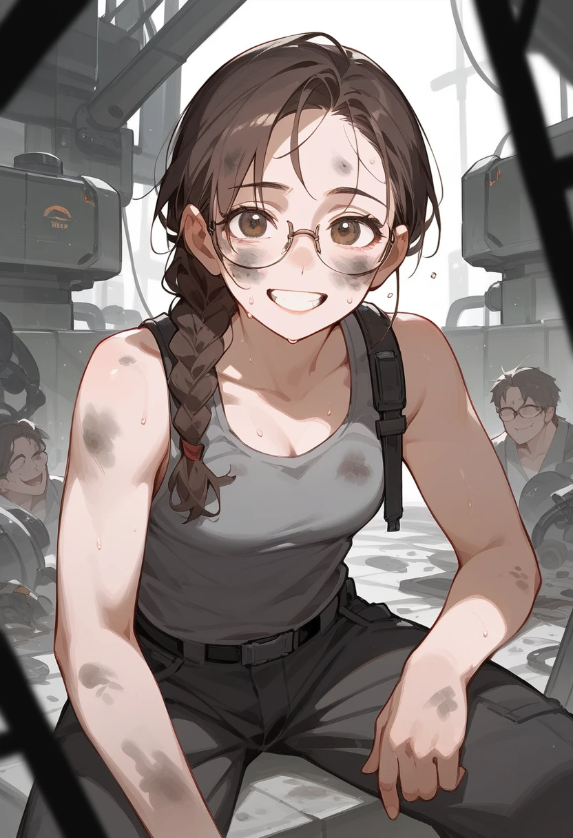 (Highest quality:1.3), (Top performance:1.2), (Best illustrations:1.2),whole body,Full Art,Dwarven girl,Dark brown hair,Big braid hairstyle,rimless square glasses,Grey tank top,Smiling with teeth showing,Cheerful smile,Sweat,Wipe your face,Black cargo pants,The face is dirty,A futuristic workshop with a red theme,Turn around to look at the viewer