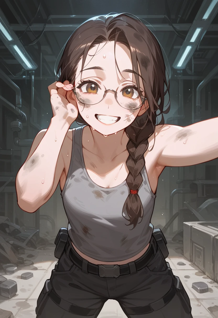 (Highest quality:1.3), (Top performance:1.2), (Best illustrations:1.2),whole body,Full Art,Dwarven girl,Dark brown hair,Big braid hairstyle,rimless square glasses,Grey tank top,Smiling with teeth showing,Cheerful smile,Sweat,Wipe your face,Black cargo pants,The face is dirty,A futuristic workshop with a red theme,Turn around to look at the viewer