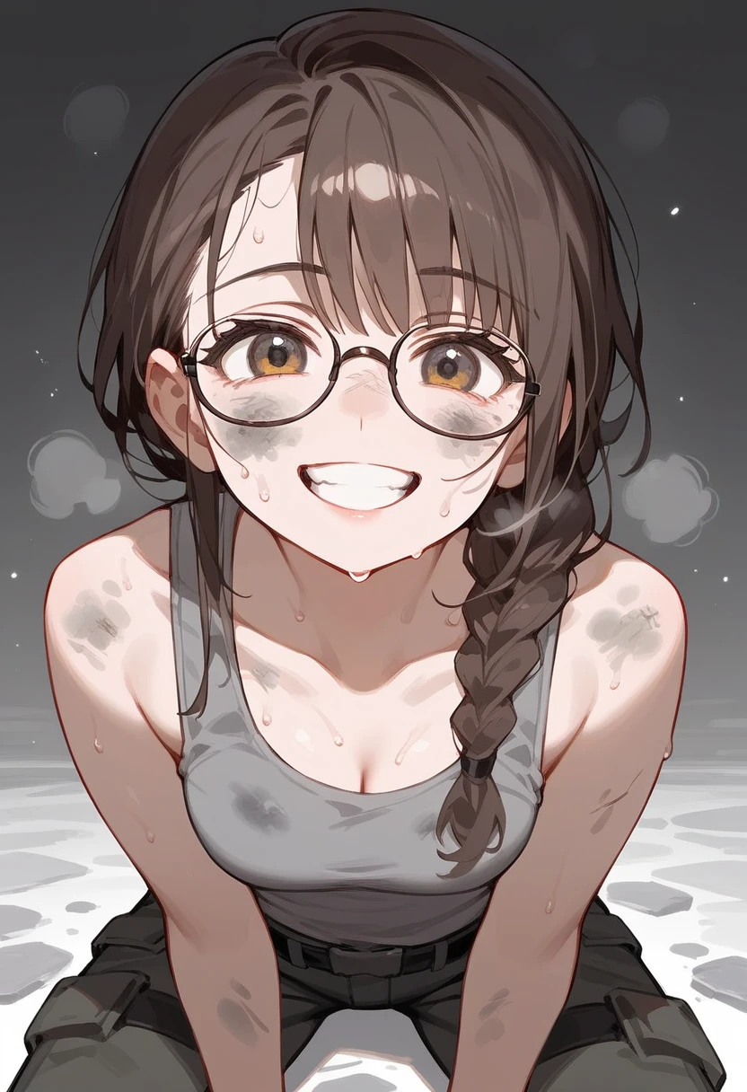 (Highest quality:1.3), (Top performance:1.2), (Best illustrations:1.2),whole body,Full Art,Dwarven girl,Dark brown hair,Big braid hairstyle,rimless square glasses,Grey tank top,Smiling with teeth showing,Cheerful smile,Sweat,Wipe your face,Black cargo pants,The face is dirty,A futuristic workshop with a red theme,Turn around to look at the viewer