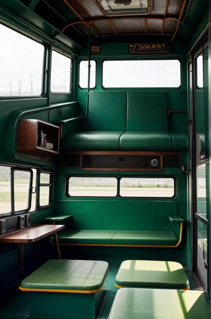 A green bus, good technology, that says SIVA and that the interior has as passengers those from the movie intensely 