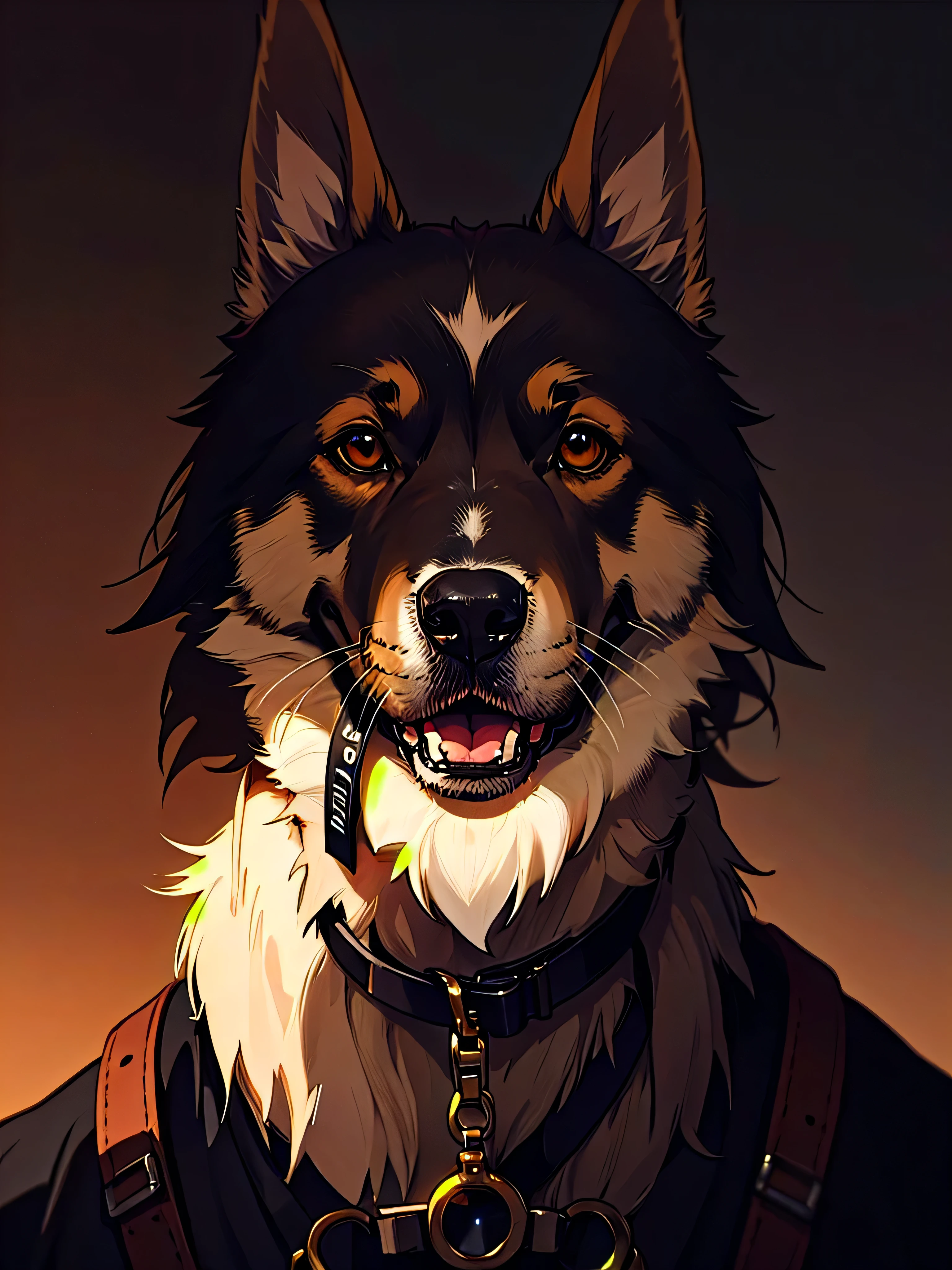 ((Portrait)), He is a German Shepherd with a Strong and Athletic Build, displaying a Loyal and Courageous Demeanor. His Fur is a Mix of Black and Tan, with Darker Shades Around His Back and Muzzle. He has Piercing Brown Eyes that Convey Intelligence and Alertness. His Ears are Upright, Always Attentive to His Surroundings. He Wears a Tactical Harness with a 'K-9' Insignia, Along with Protective Dog Booties. His Overall Look is Professional and Ready for Action, Yet He Exudes a Sense of Dedication and Determination. ((Portrait, HDR, Dark Background))