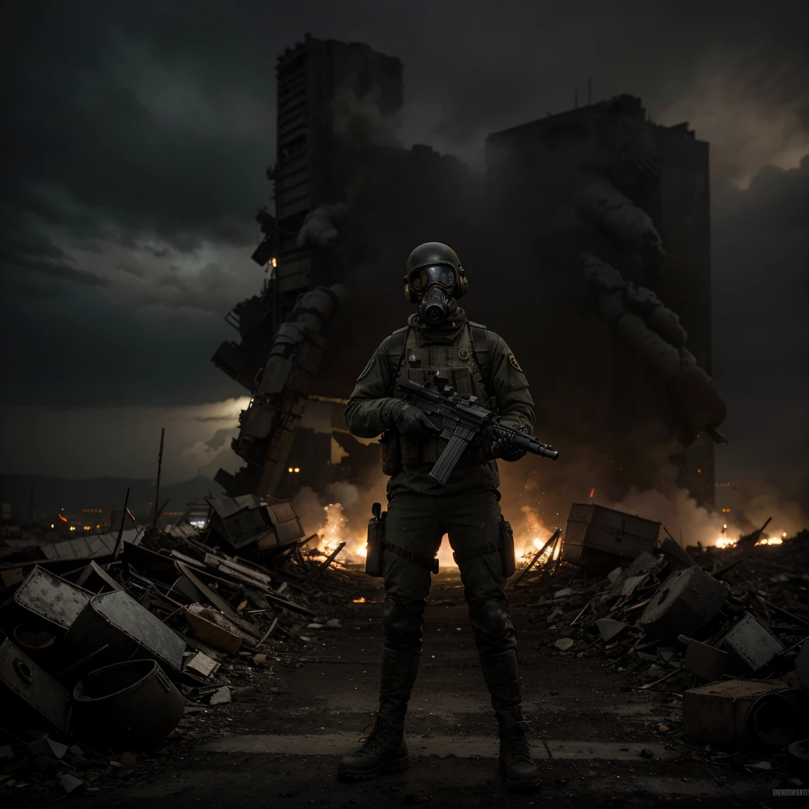 apocalyptic, soldier wearing gas mask, smoke, dark sky, 5:00 p.m. day time, extremely detailed, masterpiece, the better quality, 8K UHD, full body, tactical gear, perfectly well made and detailed M240 Machine Gun, holding weapon, devastated city background, dark atmosphere, a lot of books in the ground, visible devastated cathedral, 