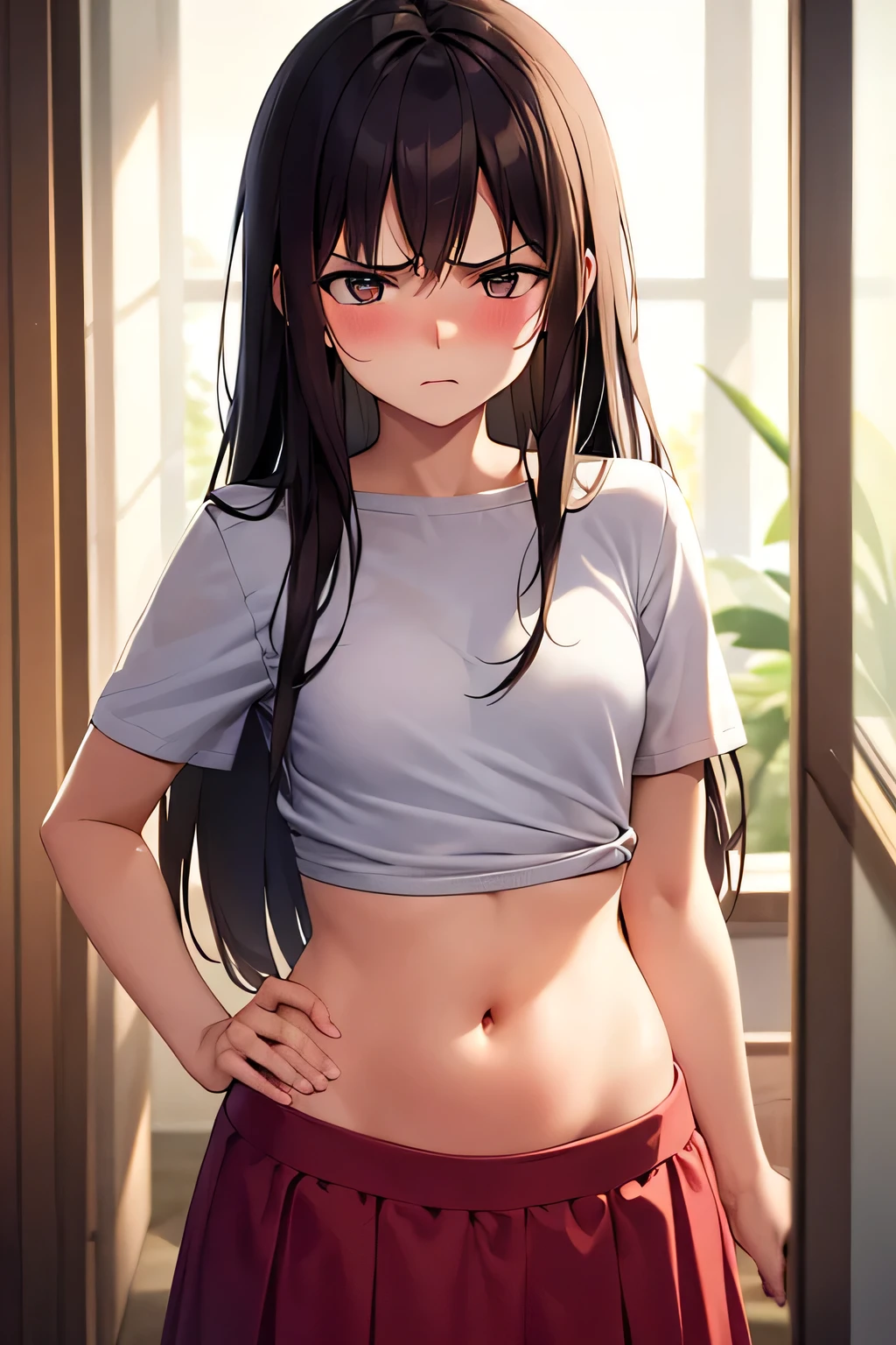 super fine illustration, vibrant colors, masterpiece, sharp focus, best quality, depth of field, cinematic lighting, ultra detailed, blush, annoyed, belly button, navel, hips, 1girl,  looking down, cropped t-shirt, short sleeves, frilled long skirt, very long hair, very messy hair, dark brown hair, mature woman, small breasts, 