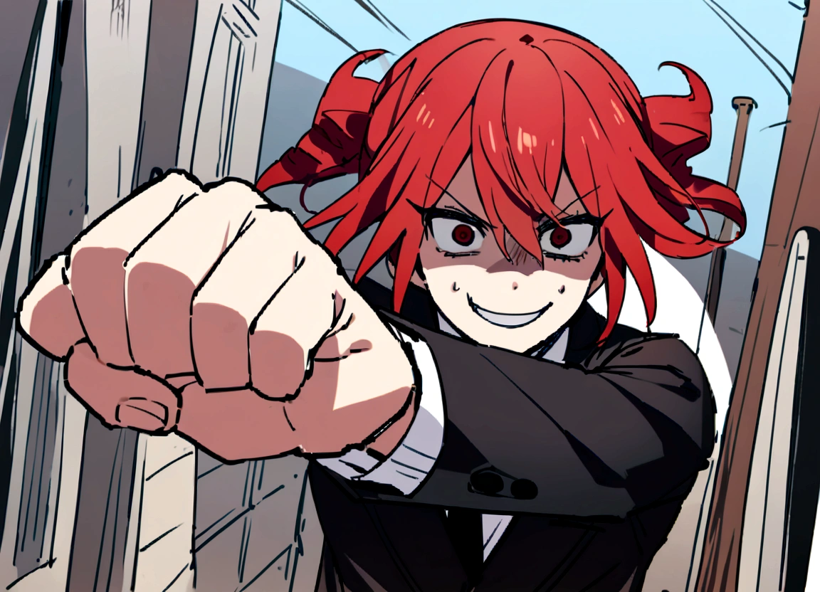 Red hair、Black suit、punch、Scary smile、office、Daytime、punching,Front facing,Momentum、Front facing