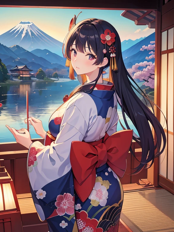 (Highest quality、masterpiece、High resolution、8K)、Colorful、Ukiyo-e、Utamaro、Kimono Beauty、Looking back、bridge、river、Mount Fuji in the distance、Japanese style scenery、Official Art、