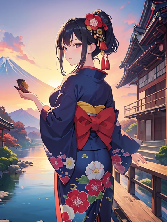 (Highest quality、masterpiece、High resolution、8K)、Colorful、Ukiyo-e、Utamaro、Kimono Beauty、Looking back、bridge、river、Mount Fuji in the distance、Japanese style scenery、Official Art、