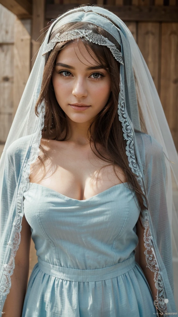 A woman with a very pretty face and veil that covers her head, The image should look like a photo and be very realistic. Elle doit avec une poitrine moyenne qui est apparente, on doit voir uniquement le haut de son corps.