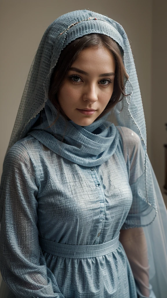 A woman with a very pretty face and veil that covers her head, The image should look like a photo and be very realistic. Elle doit avec une poitrine moyenne qui est apparente, on doit voir uniquement le haut de son corps.
