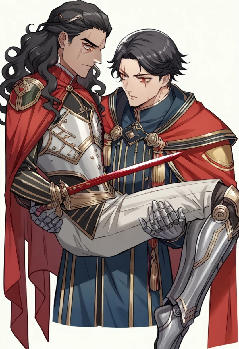 ( ( A 20 year old young man, son of the demon king, metade humano, successor to the throne) ) ( ( Wears black technological armor, carries a Japanese sword with him, wears a high-tech silver prosthetic on his right arm ) ) ( ( face detailed, scar on left eye, red right eye, Pele caucasiana, Cropped black hair ) )