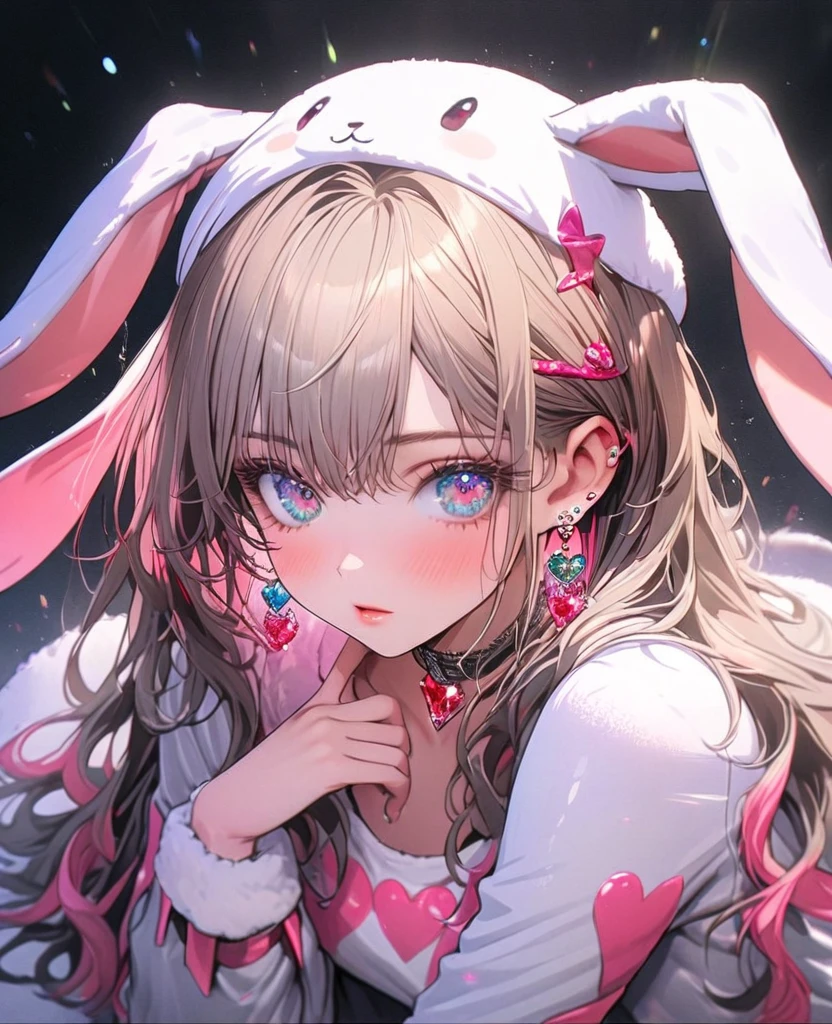 8K,gal，an extremely delicate and beautiful,Beautiful and realistic skin,Shiny jewel-like earrings,Long colorful hair,beautiful eyes,whole body,head to toe,beautiful regs,rabbit costume