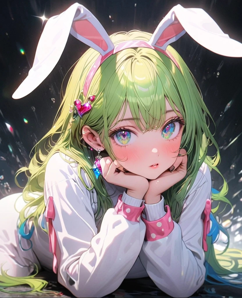 8K,gal,an extremely delicate and beautiful,Beautiful and realistic skin,Shiny jewel-like earrings,Long colorful hair,beautiful eyes,whole body,head to toe,beautiful regs,rabbit costume