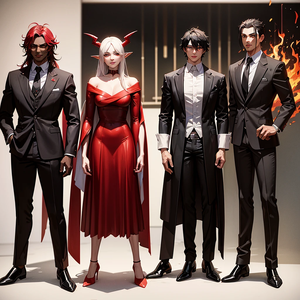 Male character, handsome, dark skin, black wings, wearing a red suit, long white hair, emerald green eyes, his appearance is that of a fire demon, his body is that of a fire demon with giant horns, an intimidating appearance, his appearance is identical to that of the fire demon Ifrit
