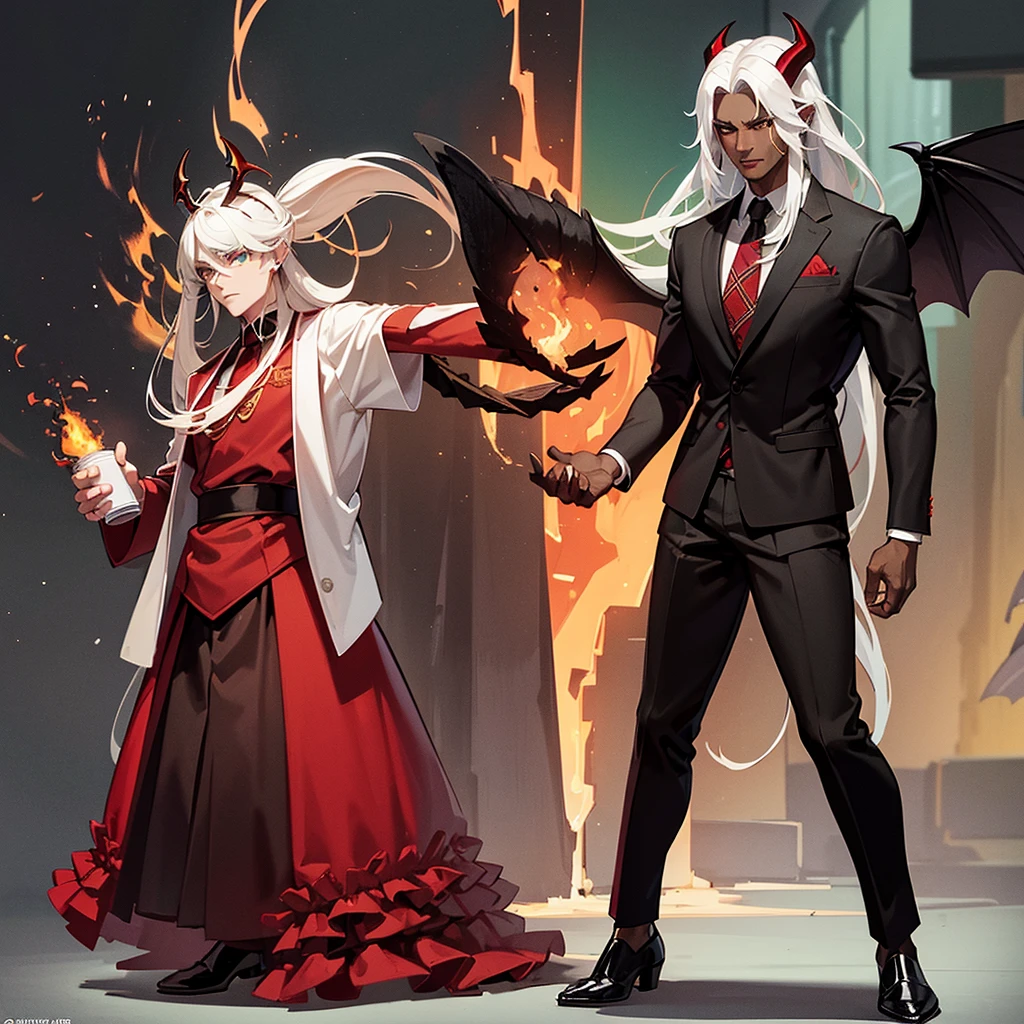 Male character, handsome, dark skin, black wings, wearing a red suit, long white hair, emerald green eyes, his appearance is that of a fire demon, his body is that of a fire demon with giant horns, an intimidating appearance, his appearance is identical to that of the fire demon Ifrit