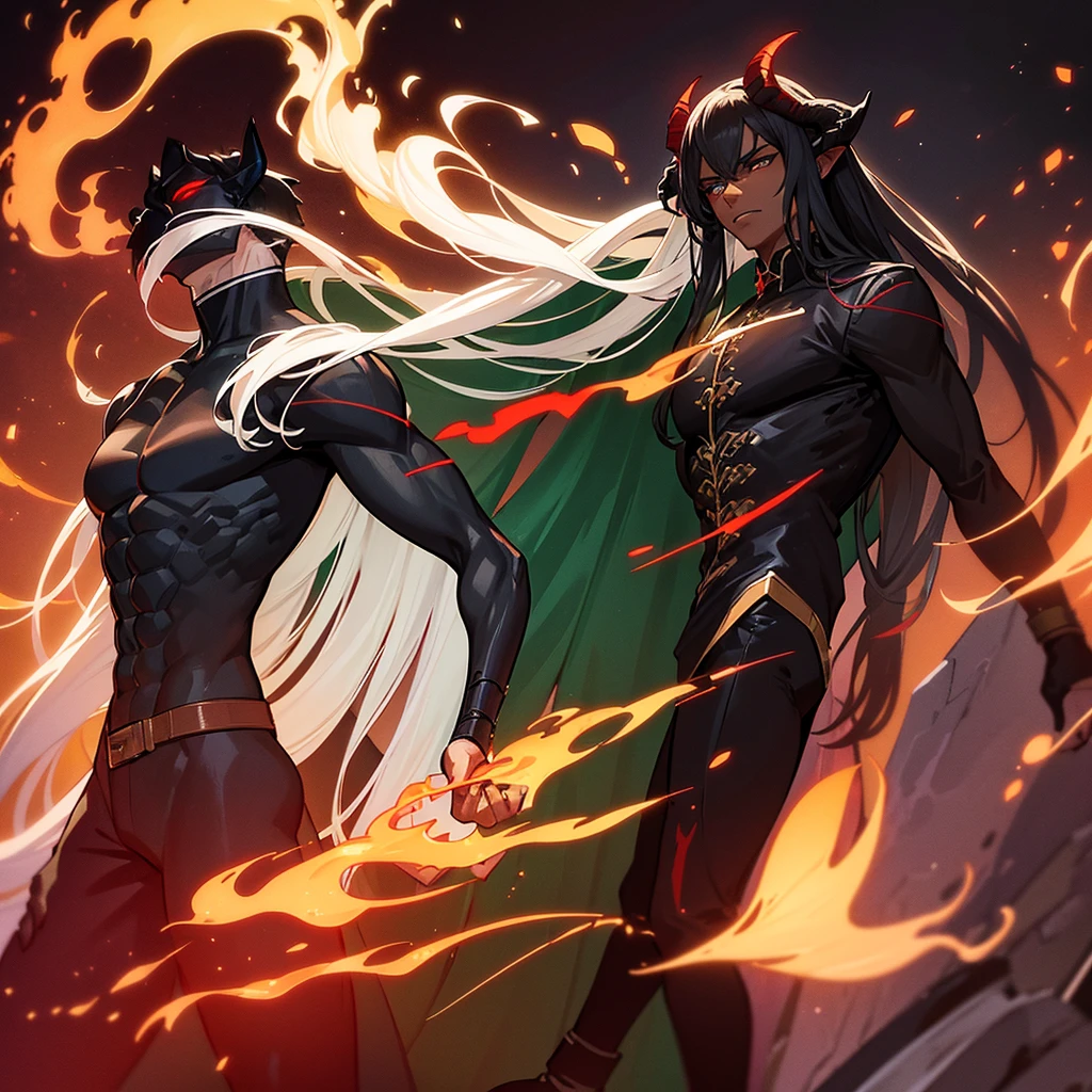 Male character, handsome, dark skin, black wings, wearing a red suit, long white hair, emerald green eyes, his appearance is that of a fire demon, his body is that of a fire demon with giant horns, an intimidating appearance, his appearance is identical to that of the fire demon Ifrit